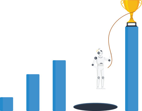 White robot business strategy market risk shark fins financial danger future vision artificial intelligence corporate survival floating briefcase deep ocean