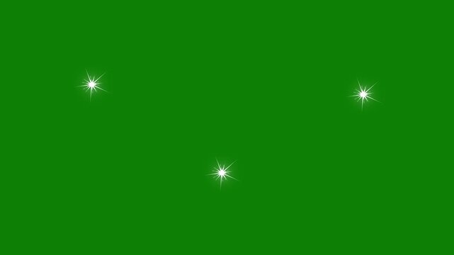 White glowing star sparkles and twinkling lights, flat vector cartoon animation with fairy dust and shimmer effects, seamless green background 4K loop