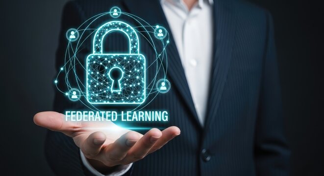 Businessman's hand holding federated learning concept with digital padlock and network connections