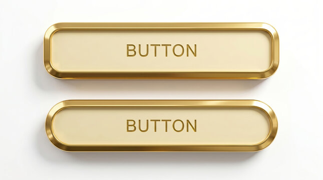 Premium 3D gold web button set featuring luxury glossy beige user interface elements with shiny metallic golden frames on white background