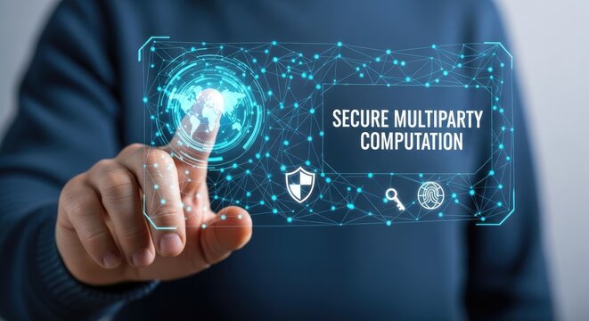 Man's Finger Touching Digital Network Display for Secure Multiparty Computation and Data Privacy