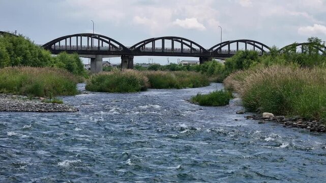 Riverside bridge arches over turbulent water. Ripples splash against rocky riverbeds. Green grasses line the banks. Sky shows scattered clouds above. No people, animals, or vehicles present