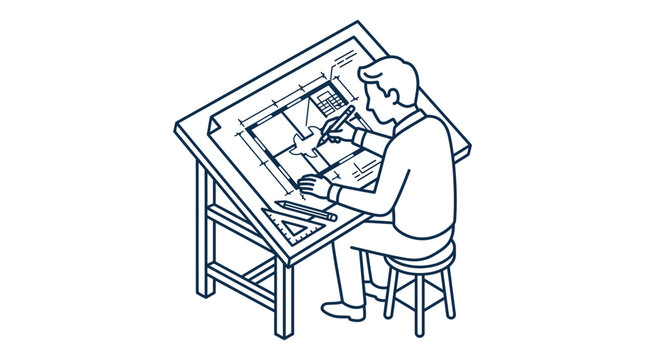 Architect Drawing Blueprint on Drafting Table, Design Process, Construction Planning