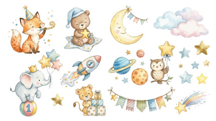 Fototapeta premium Dreamy watercolor first birthday animals and celestial party elements. Collection of Vector illustrations for invitation, card, poster, banner, decoration 