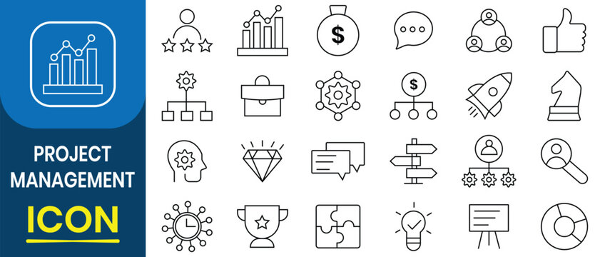 Project management icon set with editable stroke. Effective project and time management, project roadmap, schedule, milestones, workflow timeline, task progress, planning phases, marketing and more. 