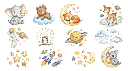 Fototapeta premium Cute space themed watercolor nursery elements with pastel animals. Collection of Vector illustrations for invitation, card, poster, banner, decoration 