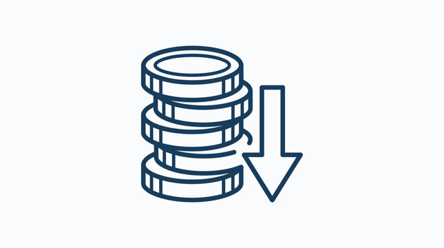 Coin stack falling down icon, financial loss, economic recession, budget cut, debt reduction symbol.