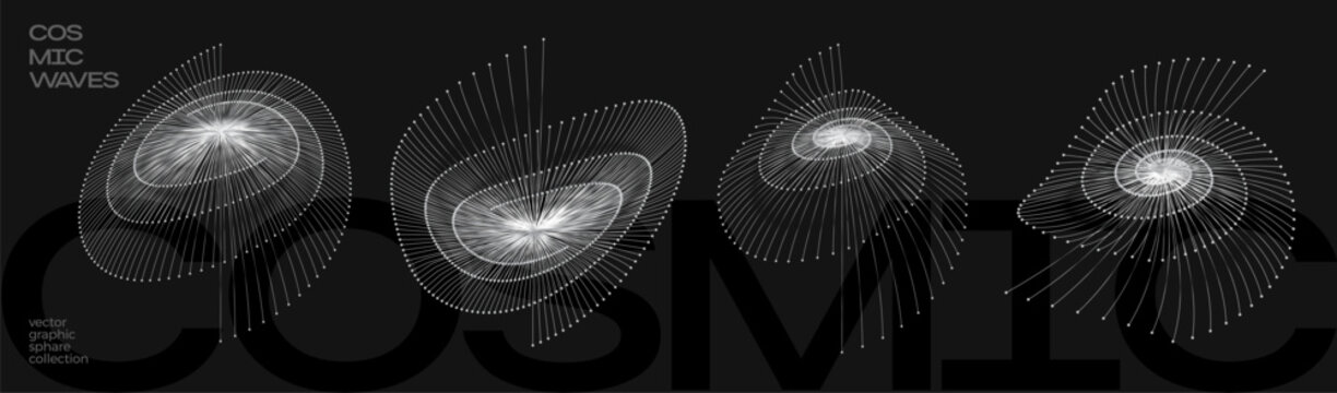 Four swirling spiral cosmic wave patterns rendered in white light against a dark background, suggesting abstract motion and energy, representing celestial phenomena and scientific exploration
