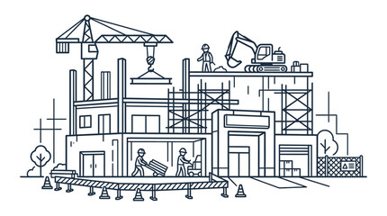 Obraz premium Construction site building project with crane, excavator and workers - line art
