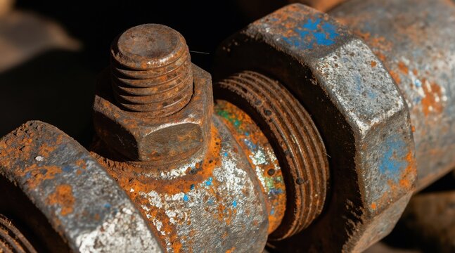 Close-up view of corroded metal pipe fittings. A rusty threaded joint and hexagonal nut show signs of wear and tear. Blue paint flecks on aged hardware.