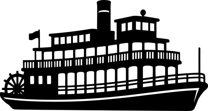 Steampunk riverboat, paddle steamer, black silhouette, vintage boat, steamboat icon
