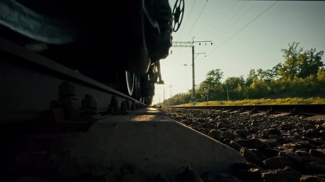 On sunlit railway line, the train's wheelsets flash above the rails and sleepers in close-up view, highlighting robust railway infrastructure and efficient transport communication across the network