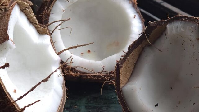 Split fresh coconuts showing their brown, fibrous husks and thick white meat. The natural texture highlights the raw fruit structure, commonly used for culinary milk, water, and tropical recipes.