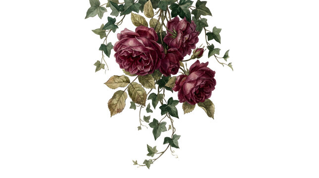 Vintage dark red roses with green ivy vines, antique botanical floral bouquet on white background, moody burgundy rose arrangement for wedding stationery