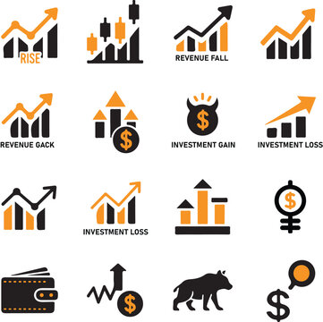 Financial Growth Icons Set Including Rising Charts Revenue Investment And Market Trends