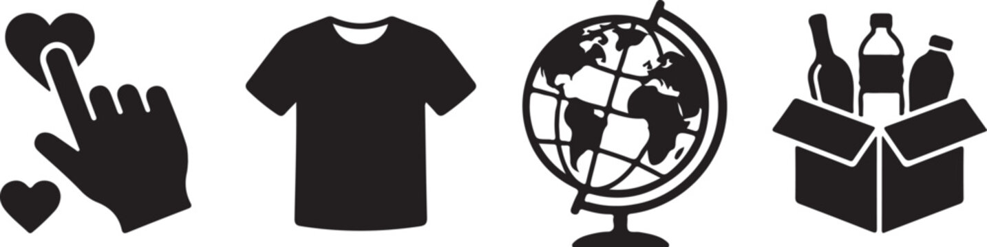 Charity and donation icon set, minimalist black flat vector silhouettes, hand clicking heart symbol, casual tshirt apparel icon, world globe earth map, open cardboard box with bottles for recycling 