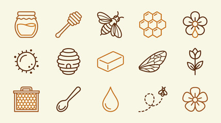 Collection of stylized icons representing beekeeping and honey production, including bees, honeycomb, honey jar, and flowers. © indira