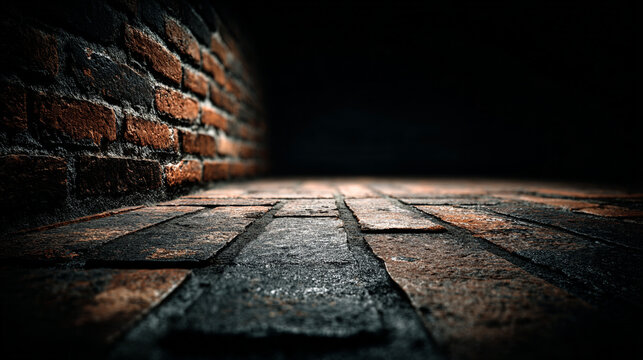 Low Angle View of a Dark Atmospheric Room with a Rough Brick Wall and Stone Tiled Floor.