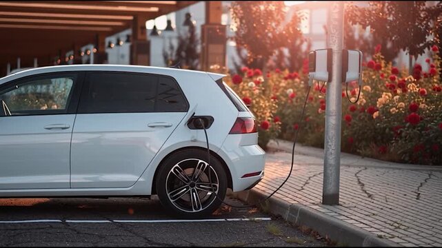 White car charges beside blooming flowers