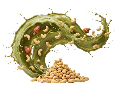 Cashew nuts and pecans with a dynamic green sauce splash.
