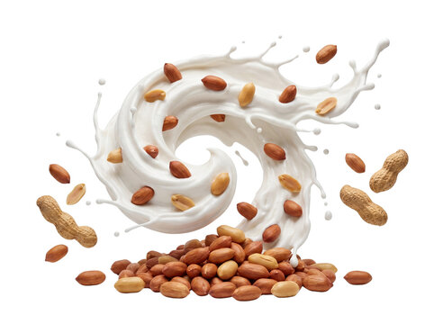Dynamic peanut swirl in fresh milk splash with heap of nuts.