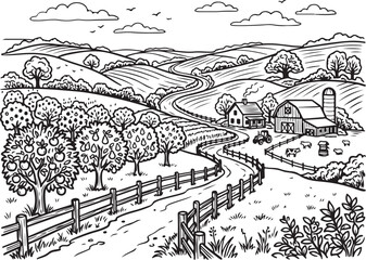 Fototapeta premium Rural landscape, countryside scenery, farm illustration, vector countryside