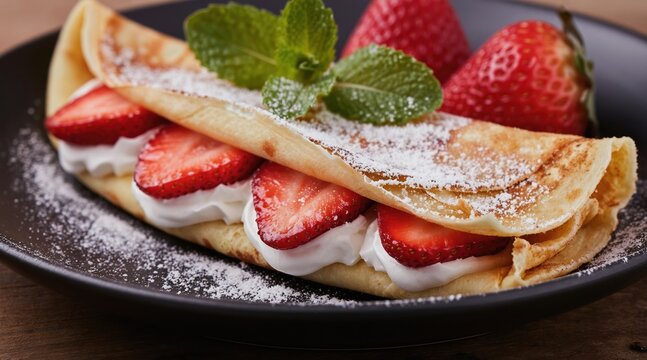 Folded crepe with fresh strawberries whipped cream and mint garnish on dark plate. Sweet powdered sugar dessert, breakfast treat, served with whole berries.