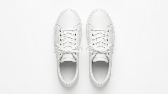 Pair of clean white leather sneakers on white background