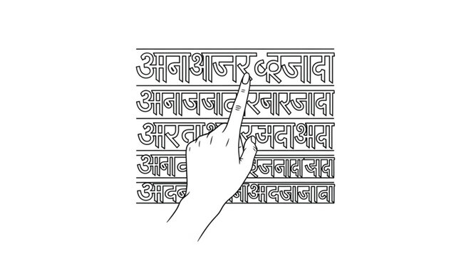 Hand pointing to ancient script text.