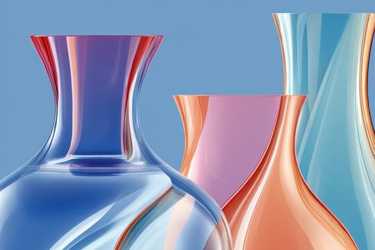 Close-up of colorful reflective glass vases in an abstract still life on blue background