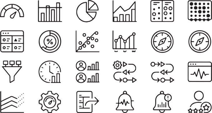Business Data Analytics, Performance Metrics Dashboard, and Strategic Workflow Management Vector Line Icons Set (Includes Financial Progress Charts, Linear Regression Scatter Plot, Funnel Filtering, a