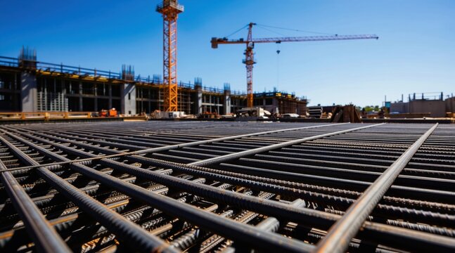 Steel rebar grid on sunny construction site. Cranes build new city structure. Workers prepare foundation for concrete pour, progress on infrastructure.