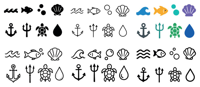 Sea icons with anchor turtle shell minimal