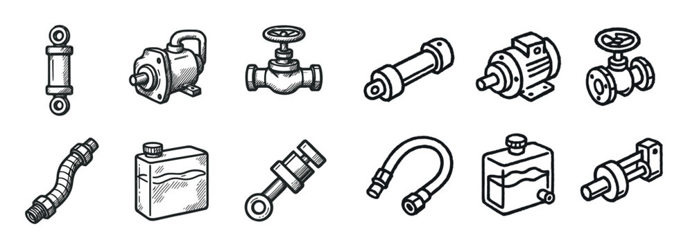Plumbing icons with valve pump hose outline