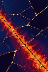 Fototapeta premium Abstract dark blue mosaic with vibrant fiery cracks. Golden lines mend broken pieces creating kintsugi art. Textured pattern evokes inferno or cosmic nebula.