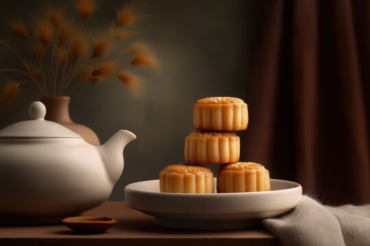 Mooncakes and teapot arranged for Mid-Autumn Festival, traditional Asian dessert with tea