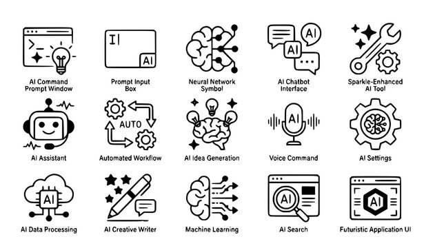 Artificial intelligence user interface icon set with AI prompt tools chatbot elements and idea generation symbols vector illustration