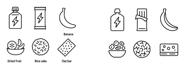Fototapeta premium Snack icons with bottle banana bar outline