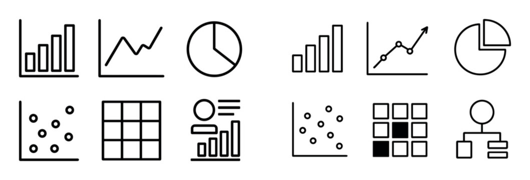 Data analytics icons with bar pie line outline minimal