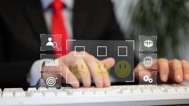 Businessman using digital customer feedback interface with satisfaction survey and analytics dashboard. Graphic animation