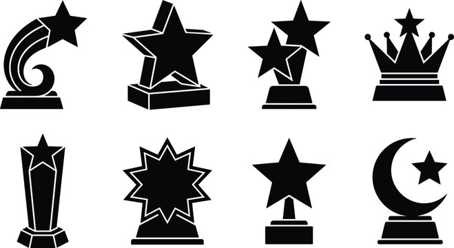 Star trophy and crystal award plaque silhouette set featuring shooting star 3D prize crown and crescent moon stand