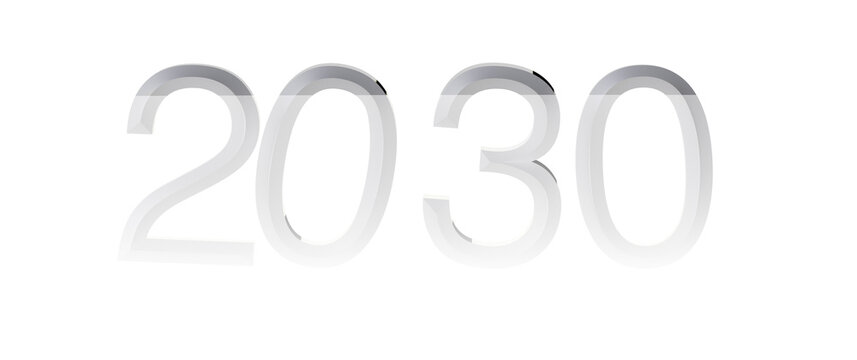 Image of the year 2030 in gradient style with a white background, representing future goals and progress. Perfect for fu
