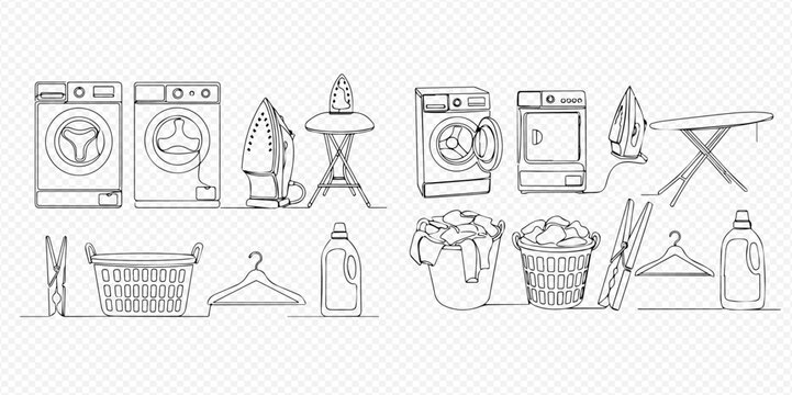 Laundry room appliances and accessories doodle set with washing machine, dryer, iron, and detergent bottles.