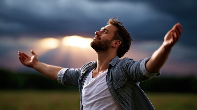 Inspirational man standing with open arms under dramatic sky, symbolizing freedom, fulfillment, self confidence, hope, and personal growth.