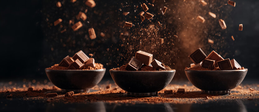 dark pieces of dark chocolate fly in motion