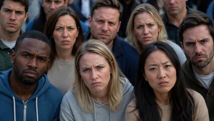 Obraz premium Group of diverse individuals with serious expressions gathered together, facing the camera in an outdoor setting, showcasing a range of emotions and reactions