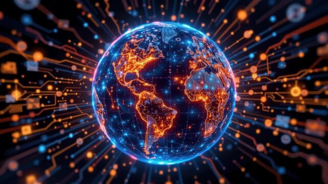 Global Network Connection with Bright Data Lines and Digital Icons Representing Technology