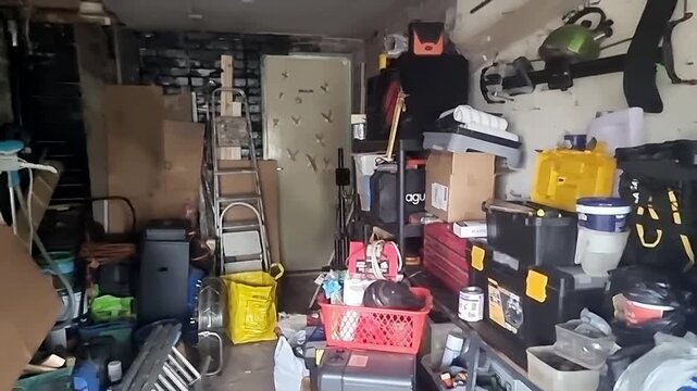 Collection of random untidy stacked household clutter and workshop tools storage in home garage