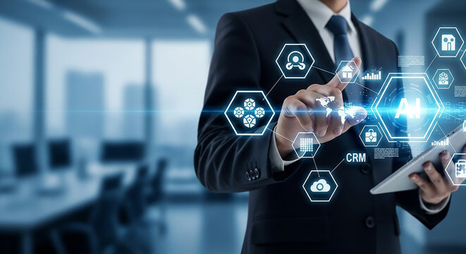 AI Technology Integration: A businessman in a sharp suit interacts with a futuristic interface, displaying interconnected AI icons and data on a tablet.