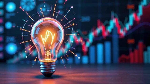 Innovative Light Bulb Representing Creativity and Ideas Against Financial Data and Growth Chart Background